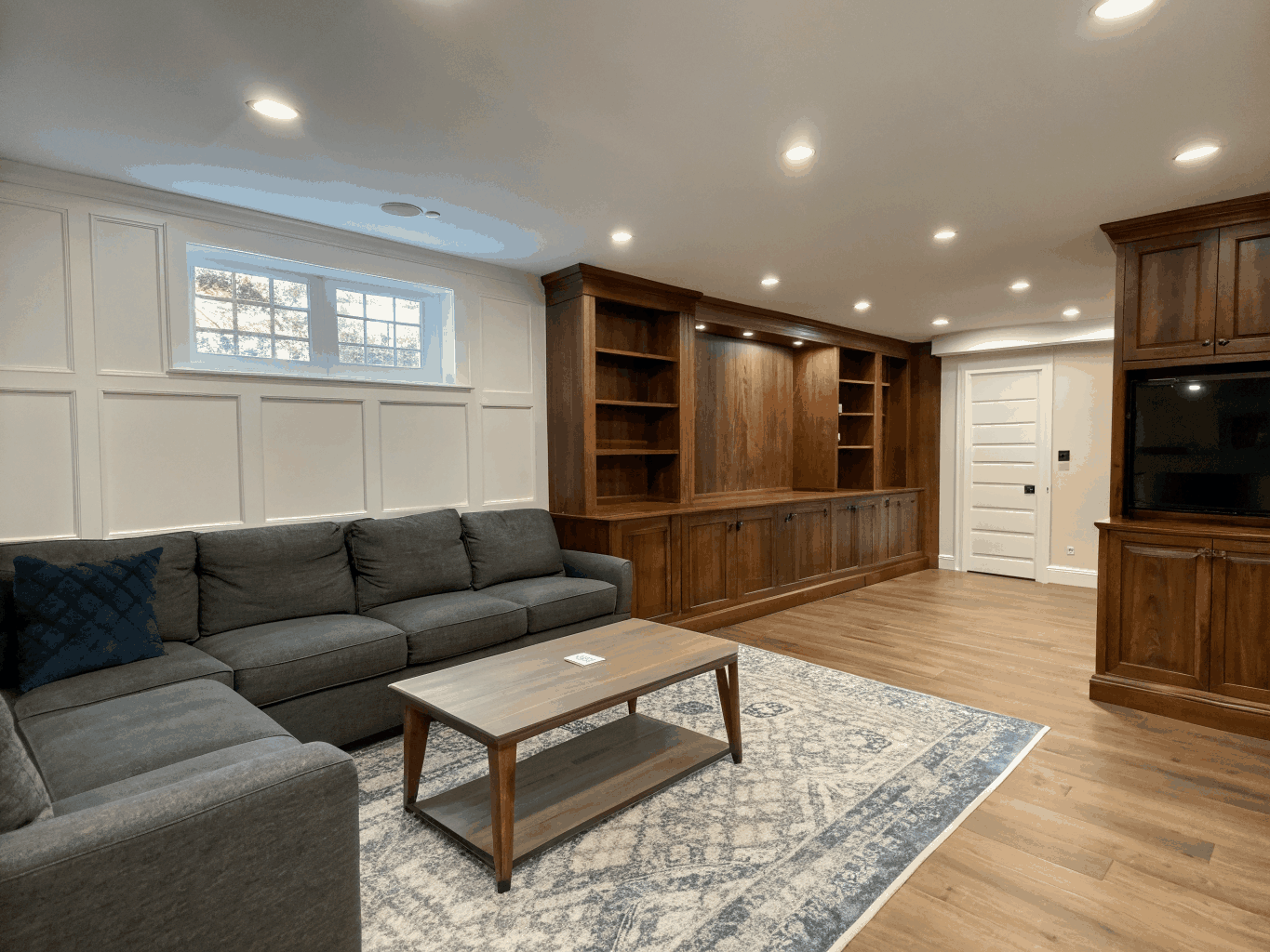 Finished basement renovation in Harrisburg with custom lighting
