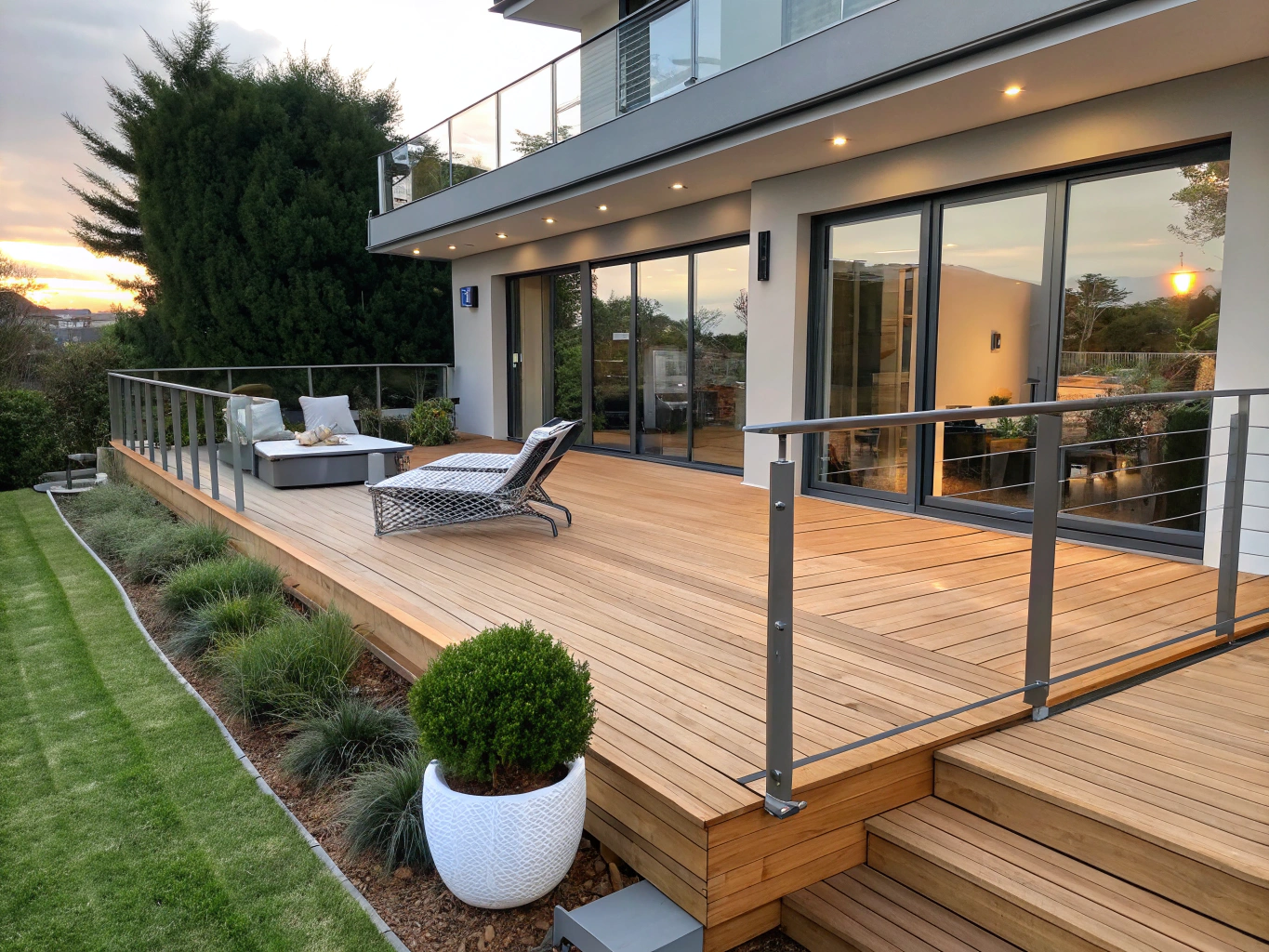 Custom wooden deck with integrated lighting