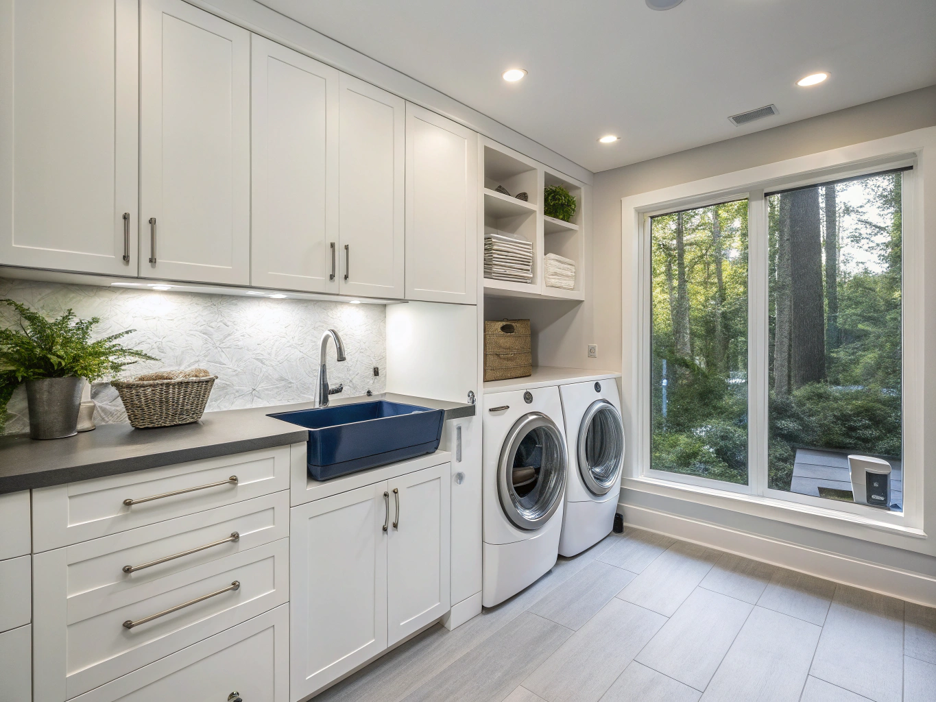 Elegant modern laundry room with custom built-in cabinetry and premium finishes