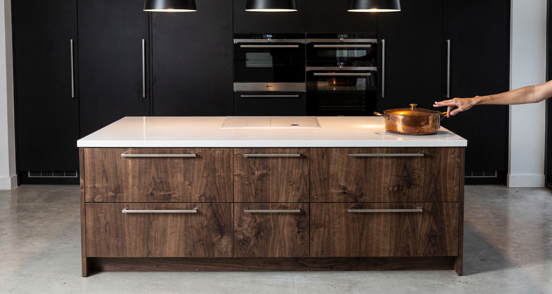 Modern kitchen island with custom cabinetry