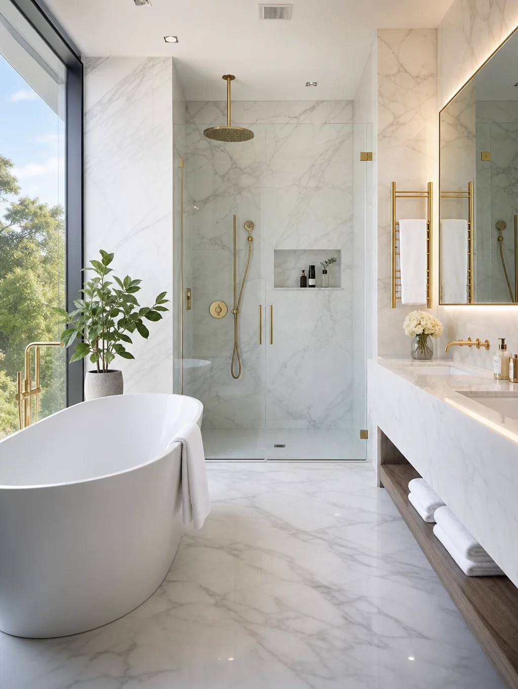Bright luxury bathroom with marble finishes, premium fixtures, and accessibility features