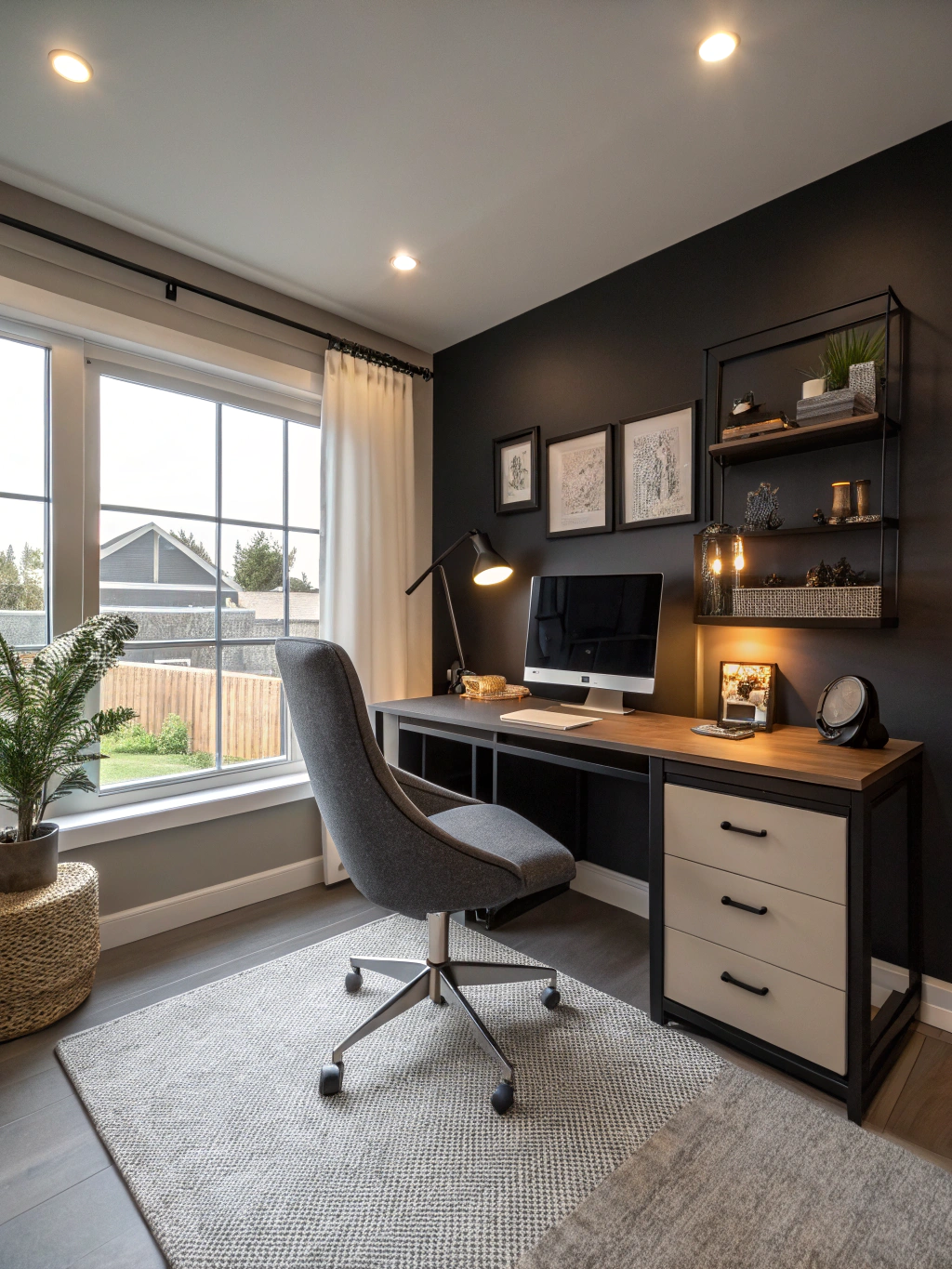 Finished basement home office with custom built-in desks