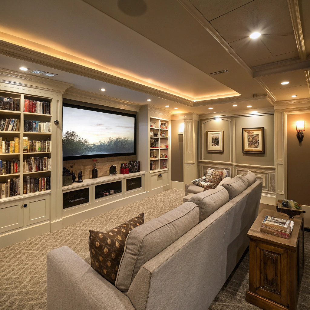 Finished basement renovation with modern entertainment space