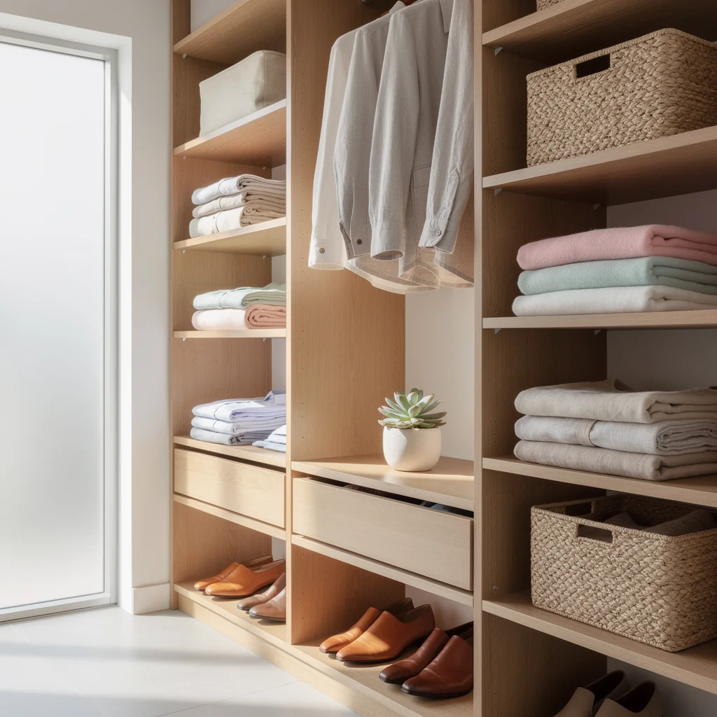 Custom closet build with high-end finishes and organization