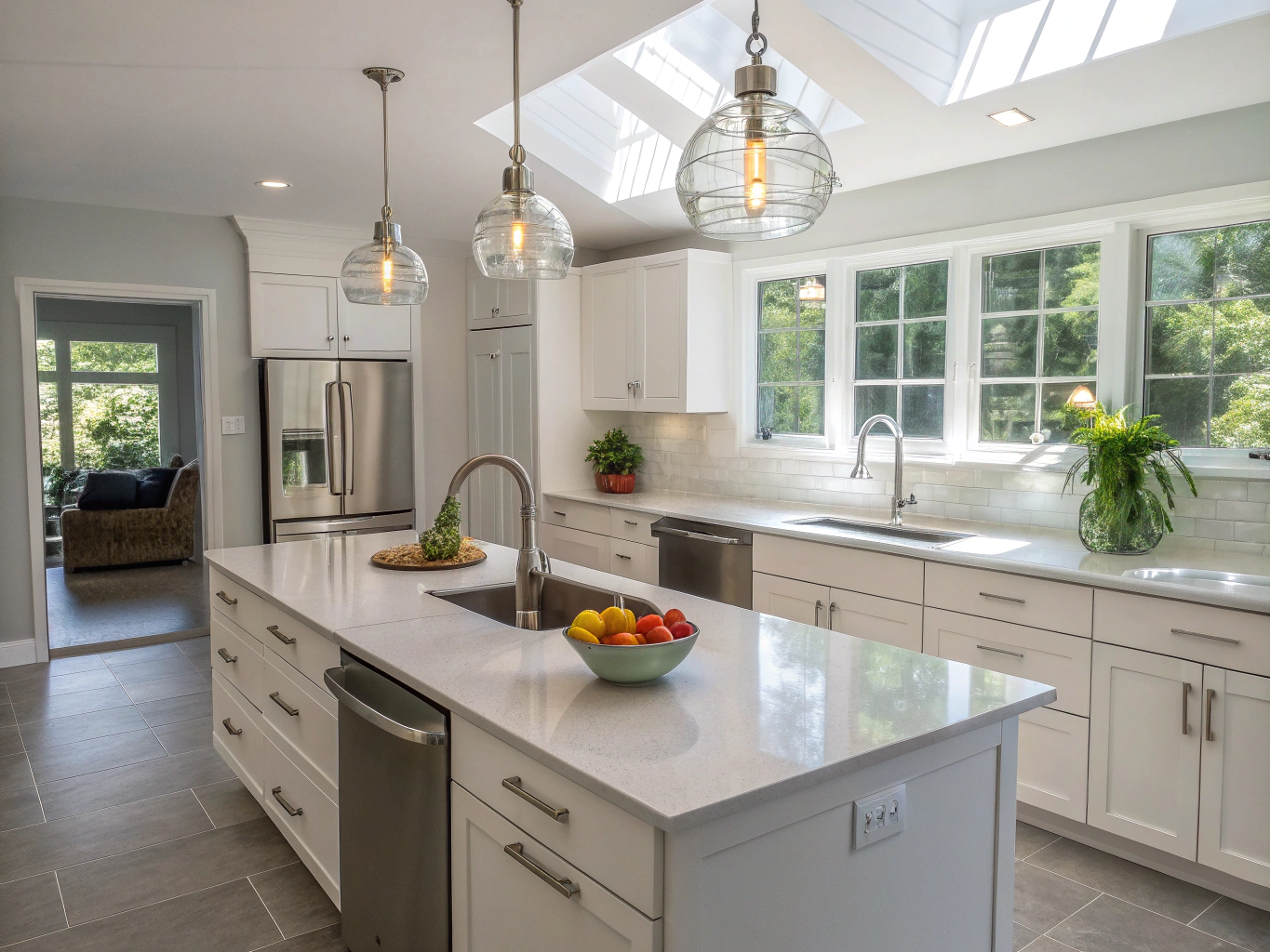 Kitchen remodel featuring a large custom island and quartz top