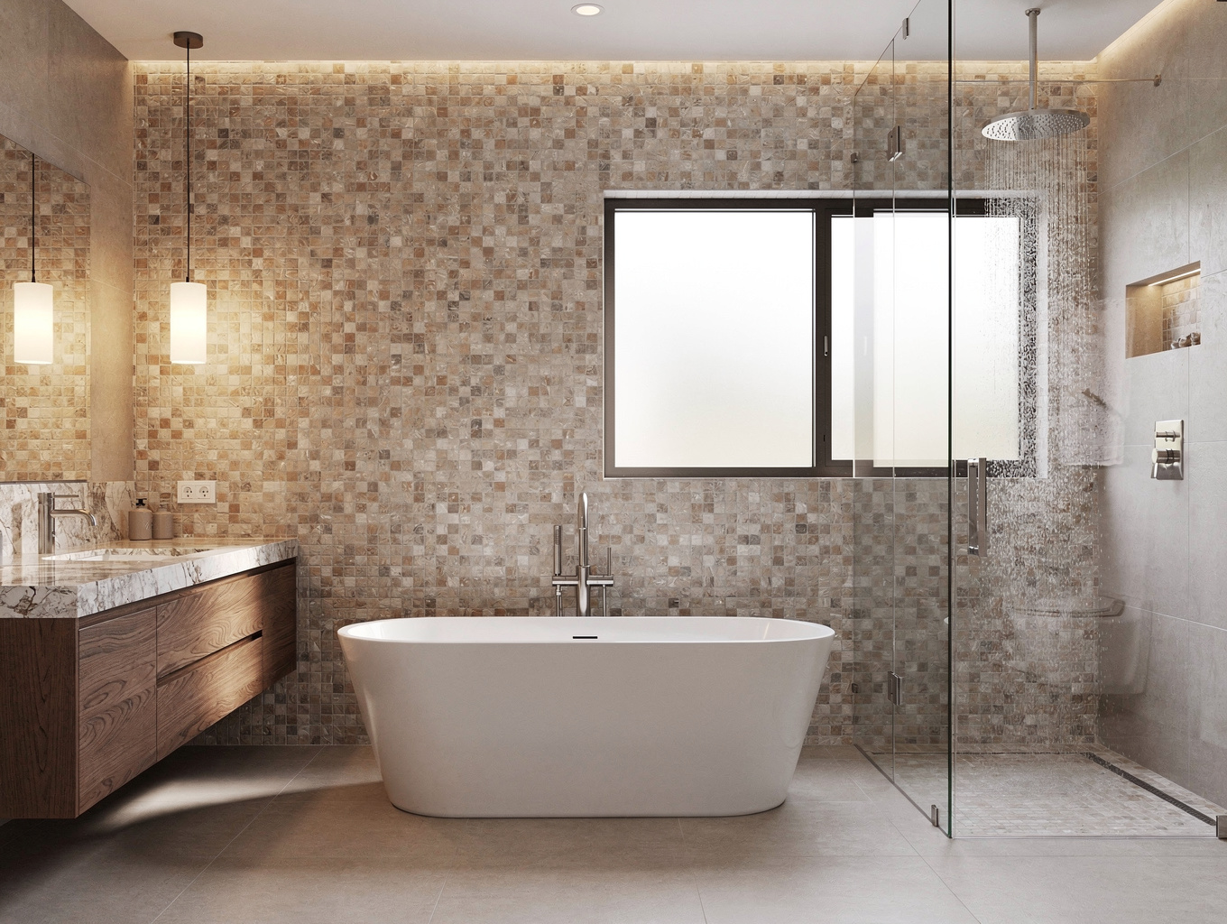 Luxury bathroom renovation with walk-in shower and tile work