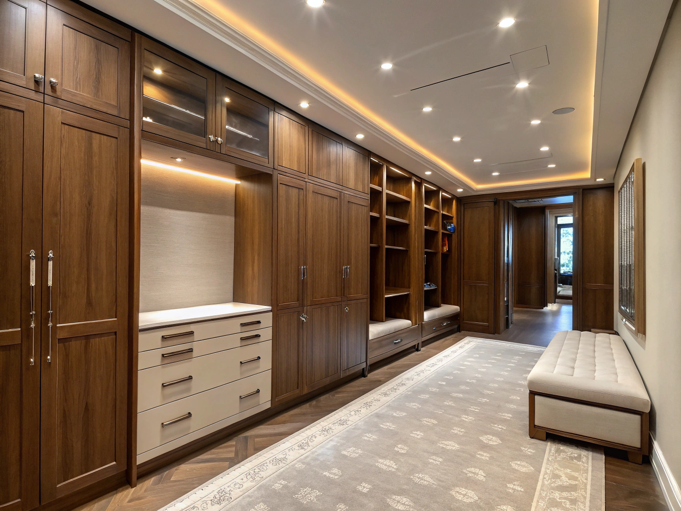 Custom walk-in closet with organized shelving and lighting