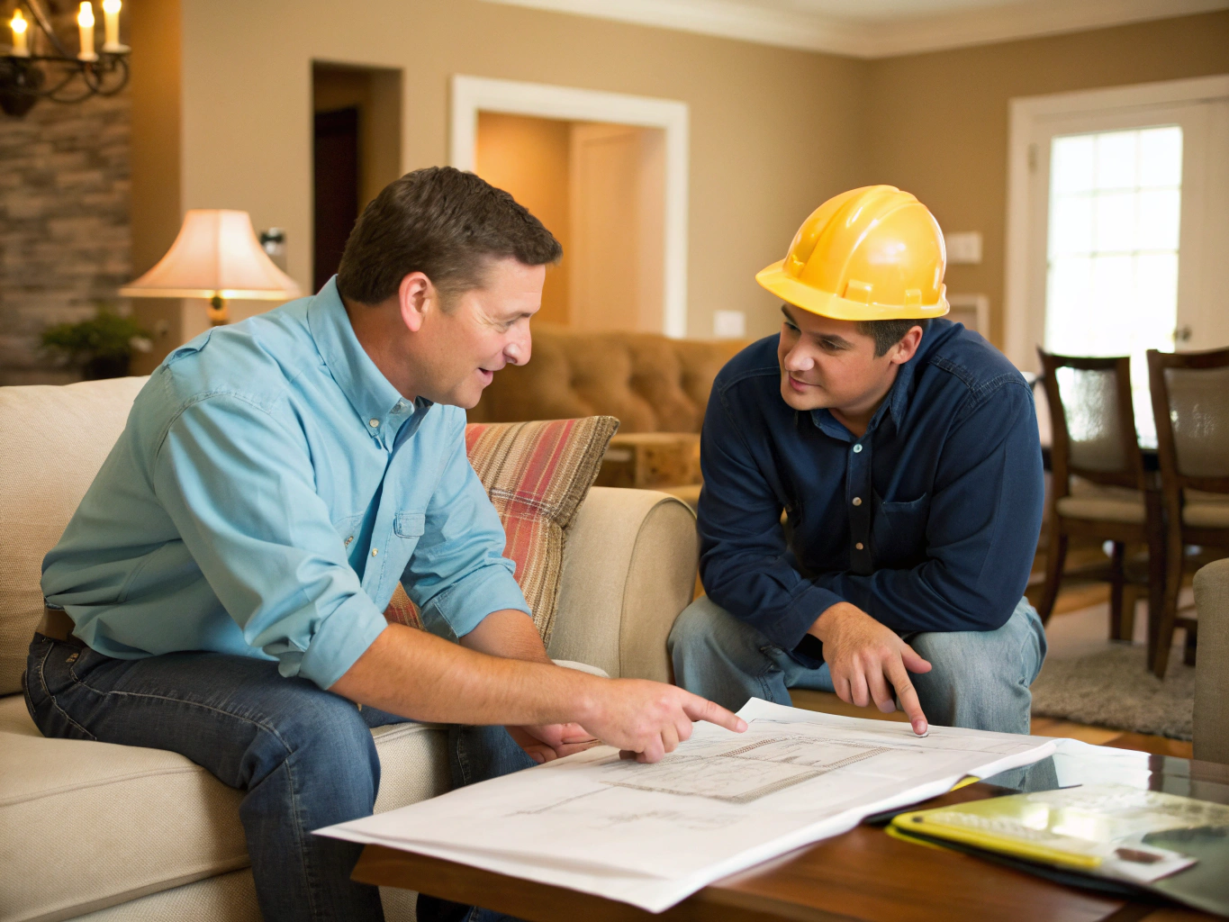MMI Built Remodeling team reviewing project plans with a homeowner