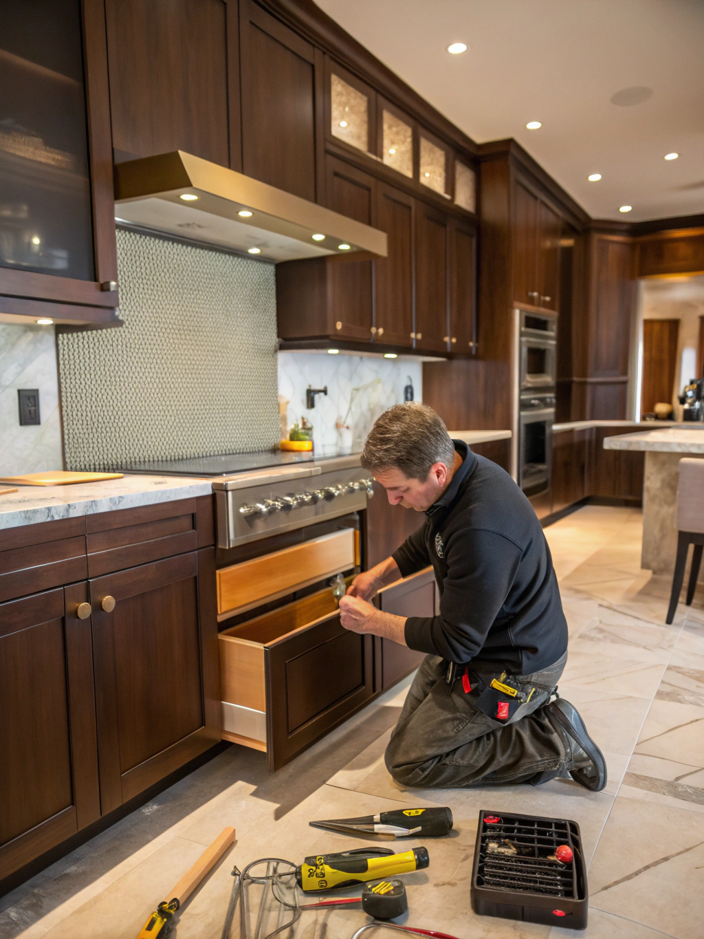 Close up of premium custom cabinetry installation in a modern kitchen remodel
